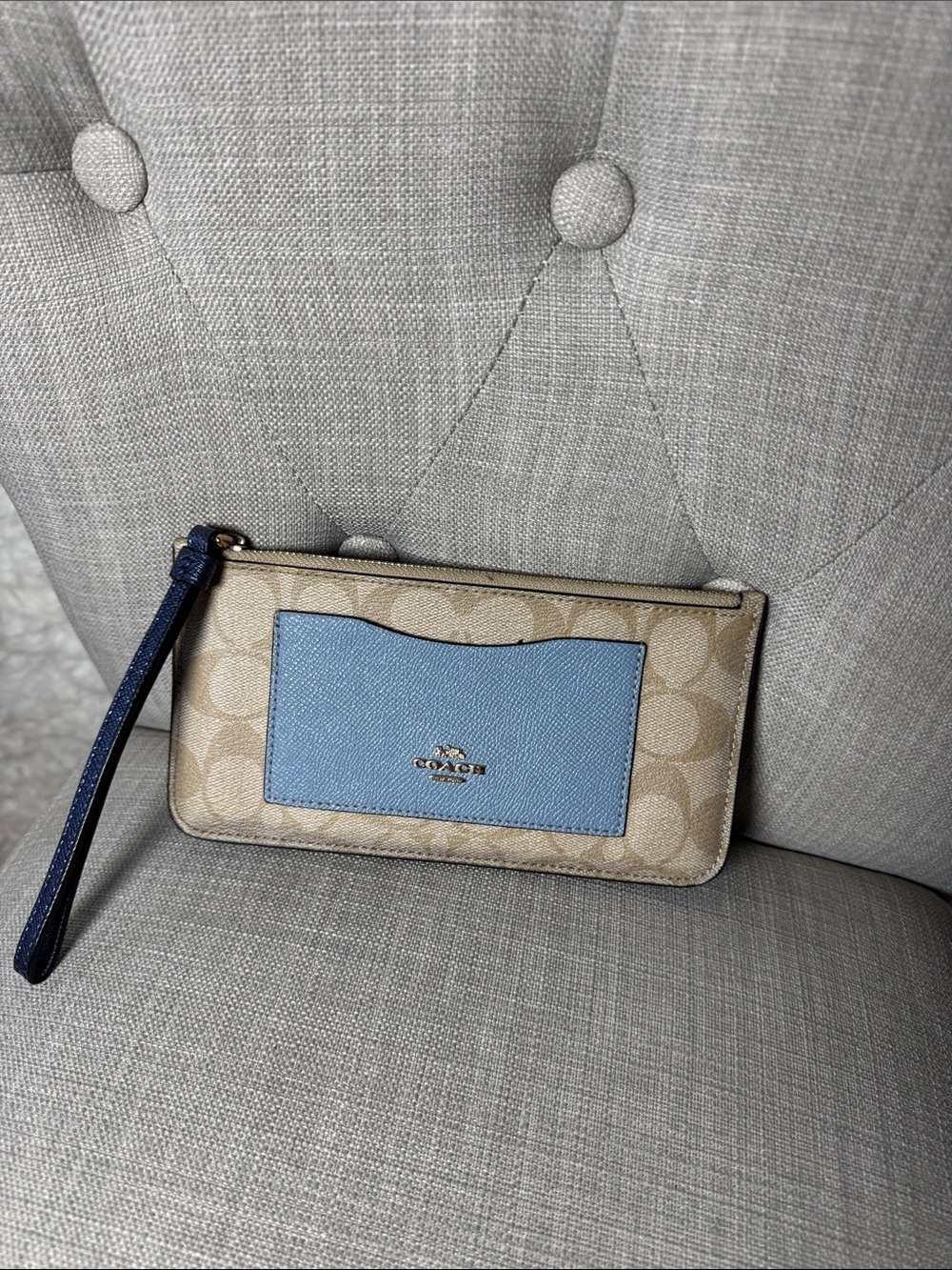 Coach Beige Signature Wristlet with Light Blue Pocket